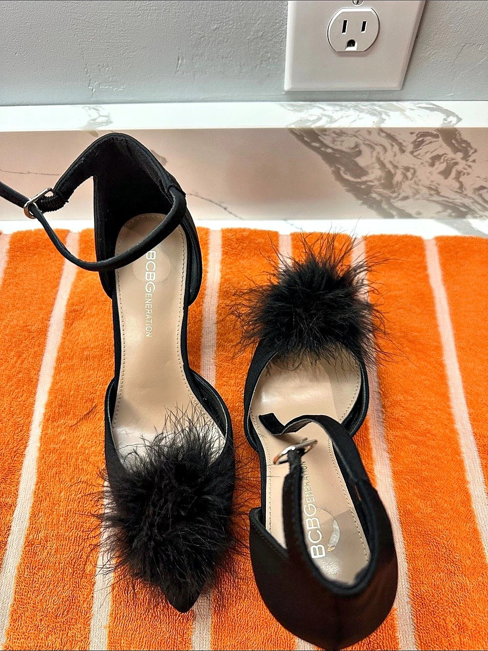 BCBG Black Feather Ankle Strap Heels